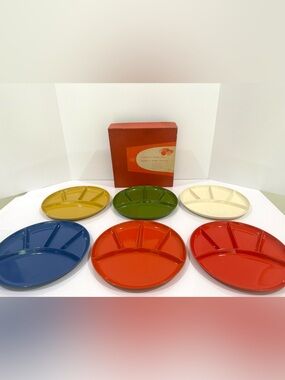 VTG 70s Imperial Japan Lacquerware Fondue Plastic Plates Set Six Original Box
